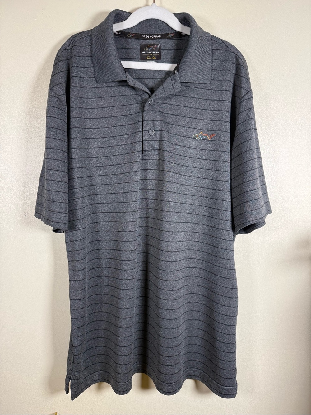 Greg Norman for Tasso Elba Play Dry Polo Shirt Gray Striped Men’s Medium Golf